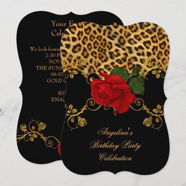 Invitación Rosas Leopardo Rojo Negro Dorado Cumpleaños Fiesta (Anverso / Reverso)