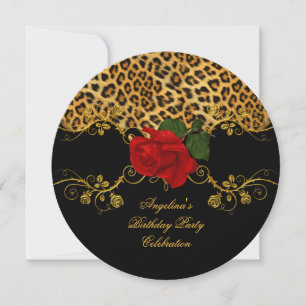 Invitación Rosas Leopardo Rojo Negro Dorado Fiesta de Cumplea