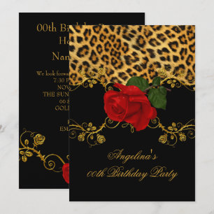 Invitación Rosas Leopardo Rojos Negros Dorados Fiesta de Cump