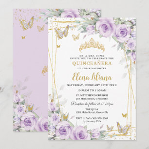 Invitación Rosas Lila Púrpura Suave Quinceañera XV Floral Oro