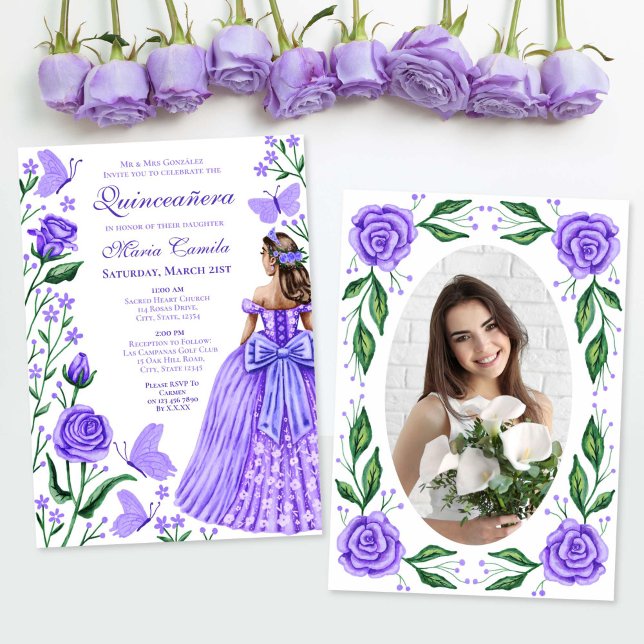 Invitación Rosas Lilac Butterflies Princesa Foto Quinceanera (Lilac Roses Butterflies Princess Photo Quinceanera Invitation)