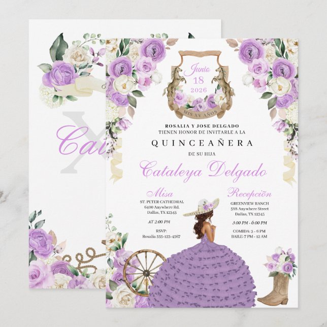 Invitación Rosas Lilac del Oeste Mariachi Charro Quinceañera (Anverso / Reverso)