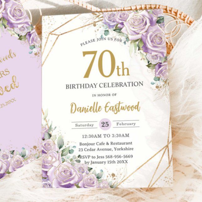 Invitación Rosas Lilac Purple Floral 70.º 80º cumpleaños quer (Subido por el creador)