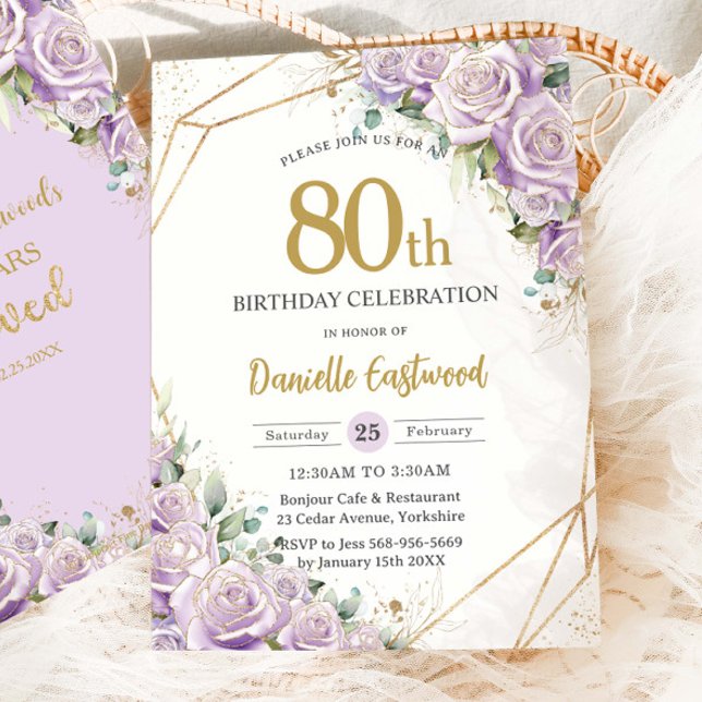Invitación Rosas Lilac Purple Floral 80 cumpleaños Cualquier  (elegant-purple-lilac-lavender-roses-floral-flowers-50th-60th-70th-80th-90th-birthday-party-invite)