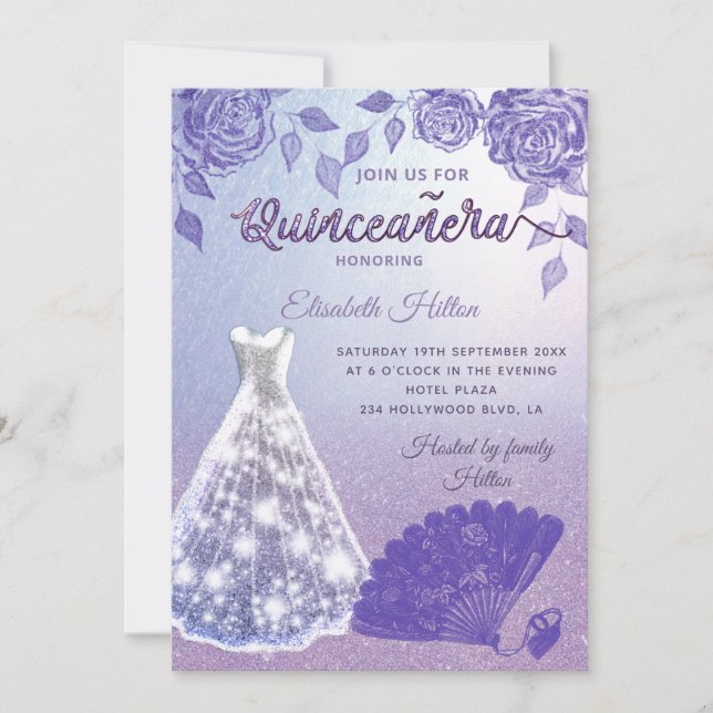 Invitación Rosas Lilac ventilador romántico vestido Purpurina (Anverso)