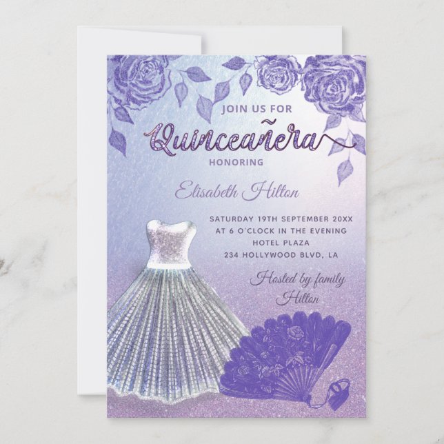 Invitación Rosas Lilac ventilador romántico vestido Purpurina (Anverso)