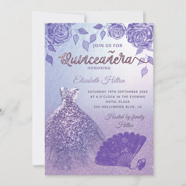 Invitación Rosas Lilac ventilador romántico vestido Purpurina (Anverso)
