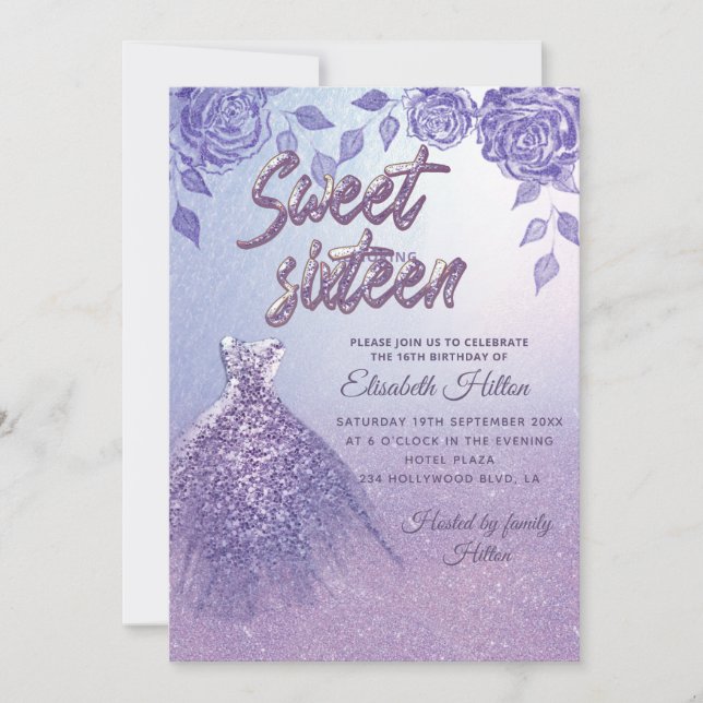 Invitación Rosas Lilac vestido Purpurina romántico Dulce 16 (Anverso)