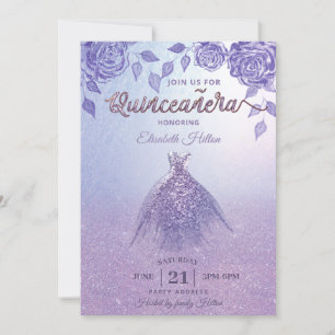 Invitación Rosas Lilac vestido romántico Purpurina Quinceañer