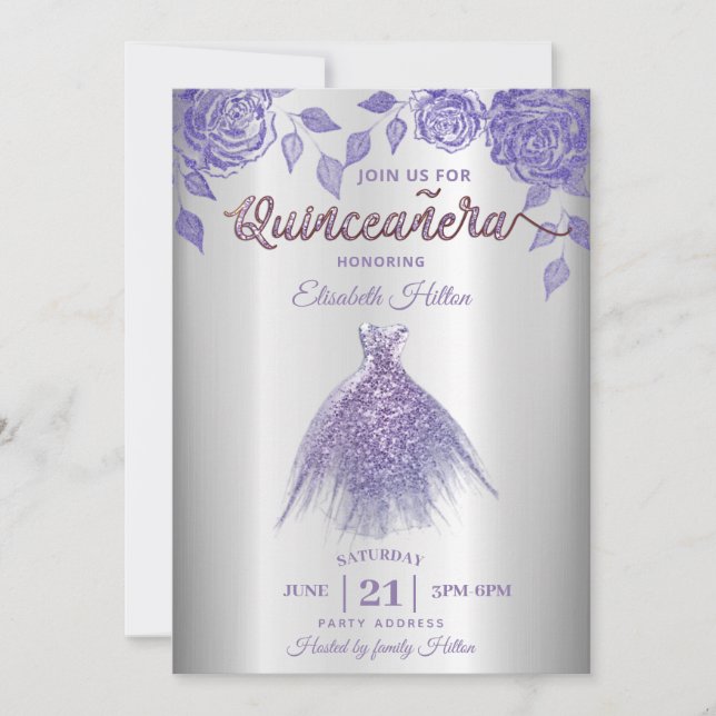 Invitación Rosas Lilac vestido romántico Purpurina Quinceañer (Anverso)