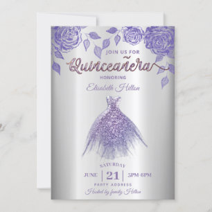 Invitación Rosas Lilac vestido romántico Purpurina Quinceañer