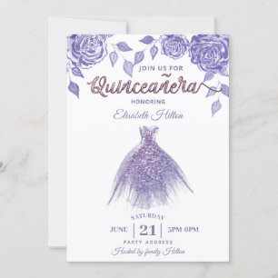 Invitación Rosas Lilac vestido romántico Purpurina Quinceañer