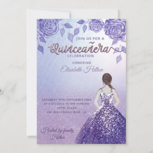 Invitación Rosas Lilac vestido romántico Purpurina Quinceañer