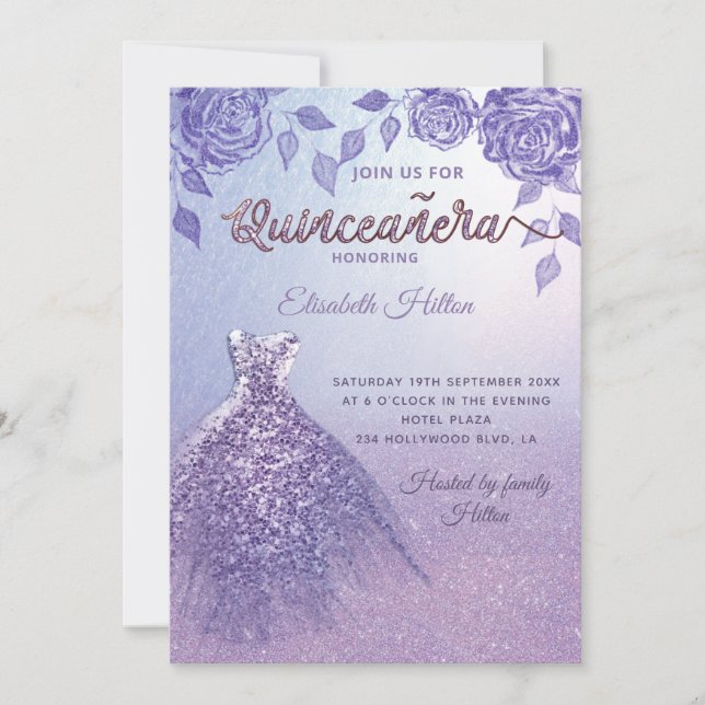 Invitación Rosas Lilac vestido romántico Purpurina Quinceañer (Anverso)