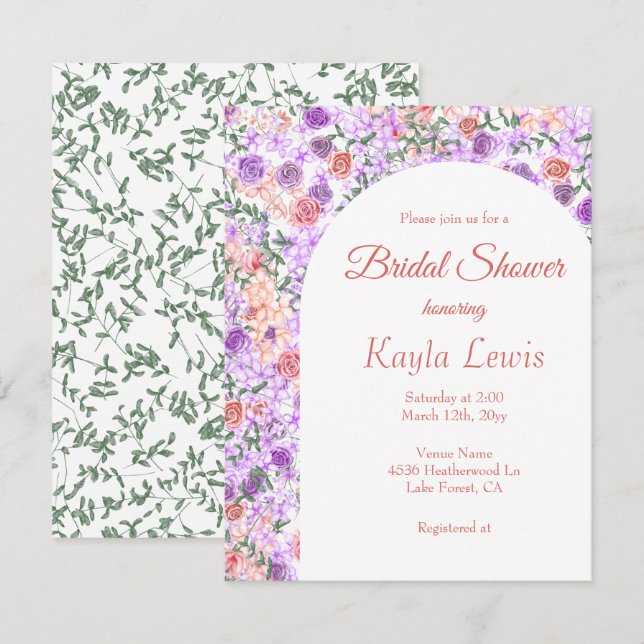 Invitación Rosas Lilac y Peach, ducha marqueteada de novias (Anverso / Reverso)