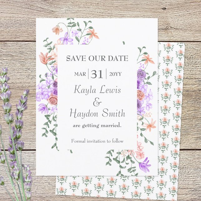 Invitación Rosas Lilac y Peach Wedding Salven la fecha (lilac and peach SAVE OUR DATE wedding announcement)