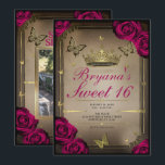 Invitación Rosas Magenta de mariposas de la tiara de oro dulc<br><div class="desc">Personalizar como quieras. Reemplace la foto de la parte de atrás con su propia foto o quite la foto por completo.</div>