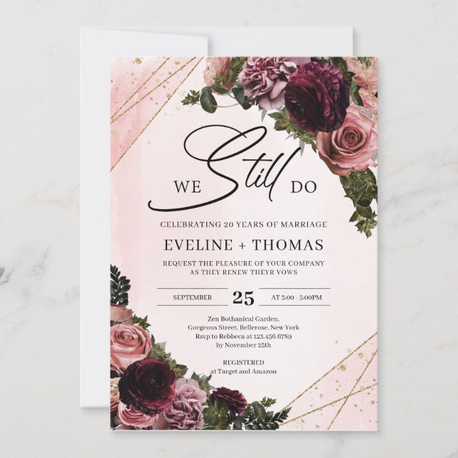 Invitación Rosas malvados flores borgoña ruborizada que aún h (Anverso)