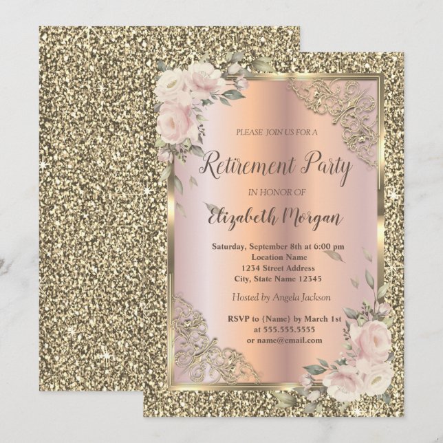 Invitación Rosas,Marco dorado,Oro Rosa,Jubilación Purpurina (Anverso / Reverso)
