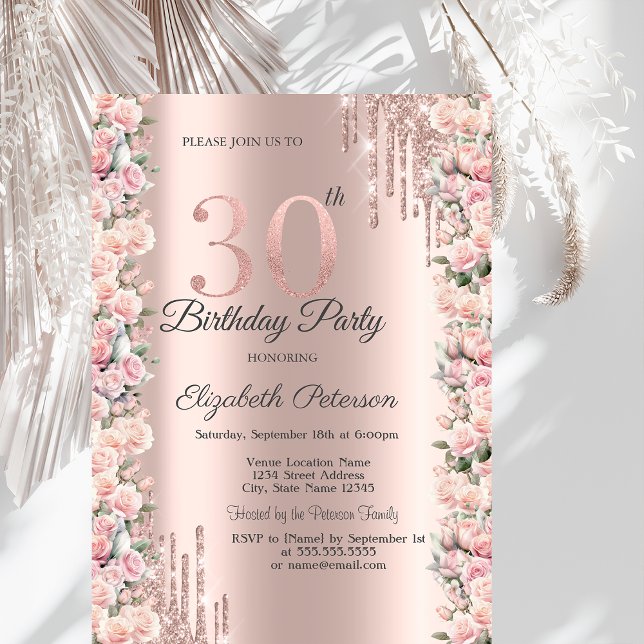 Invitación Rosas Marco Gotea Rosa Dorado Cumpleaños 30   (Subido por el creador)