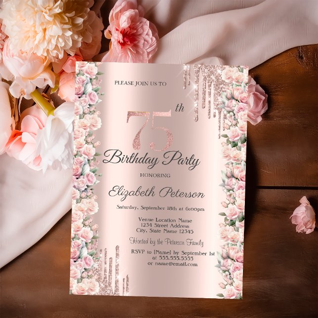 Invitación Rosas Marco Gotea Rosa Dorado Cumpleaños 75   (Subido por el creador)
