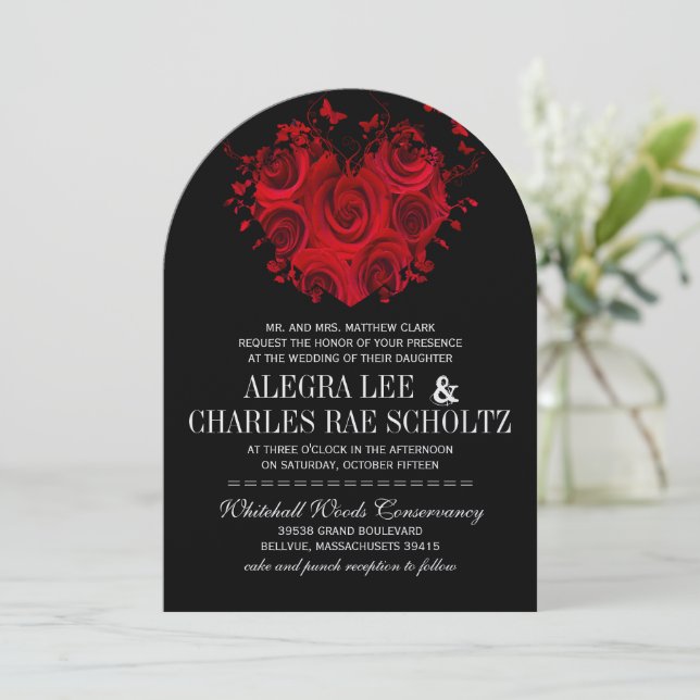 Invitación Rosas Mariposa Corazón Rojo y Negro Bodas (Anverso de pie)