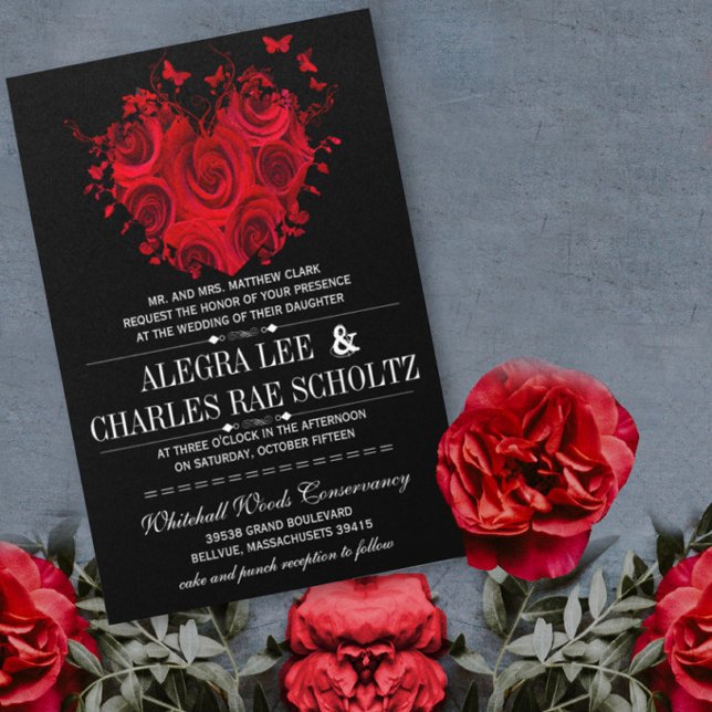 Invitación Rosas Mariposas Bodas Corazón Rojo y Negro (Subido por el creador)