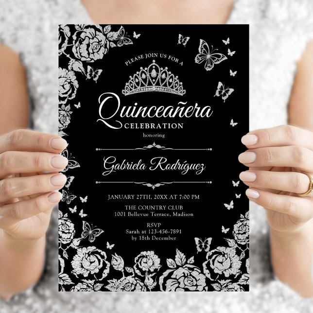 Invitación Rosas Mariposas de Plata Negra Quinceañera (Subido por el creador)