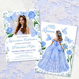 Invitación Rosas + mariposas foto azul claro quinceañera
