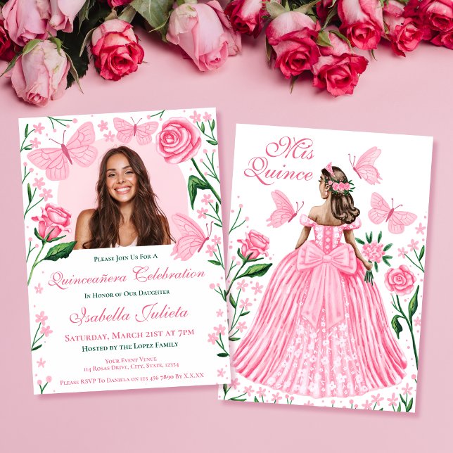 Invitación Rosas + mariposas Invita foto rosa de Quinceanera (Roses + Butterflies Pink Quinceanera Photo Invita Invitation)