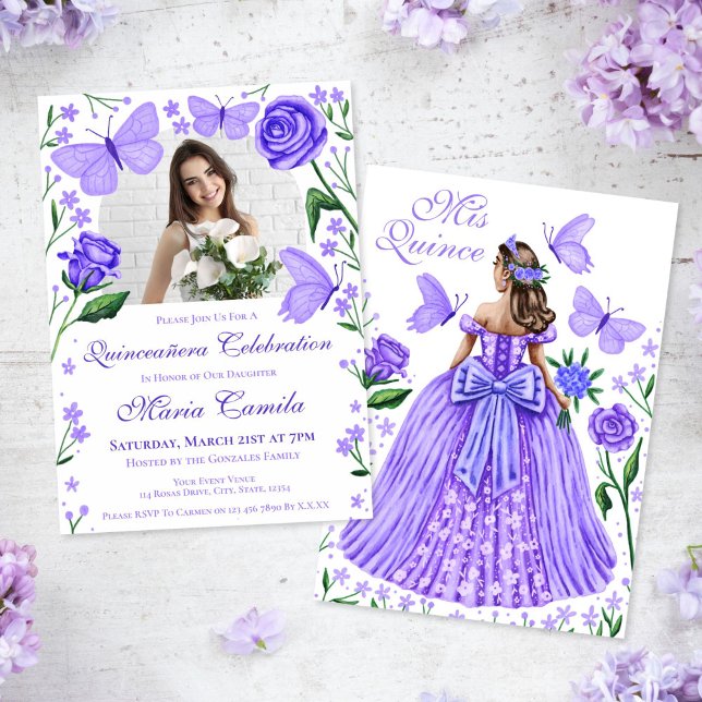 Invitación Rosas + mariposas Lilac Quinceanera Foto (Roses + Butterflies Lilac Quinceanera Photo Invitation)