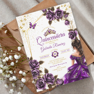 Invitación Rosas Mariposas Quinceañera Tiara Dorada Púrpura