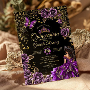 Invitación Rosas Mariposas Quinceañera Tiara Dorada Púrpura