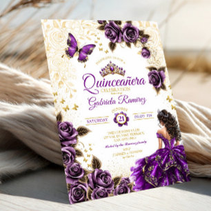Invitación Rosas Mariposas Quinceañera Tiara Dorada Púrpura