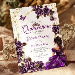 Invitación Rosas Mariposas Tiara Dorada Púrpura Quinceañera