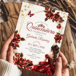 Invitación Rosas Mariposas Tiara Dorada Roja Quinceañera
