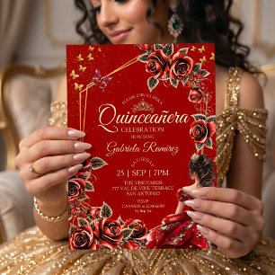Invitación Rosas Mariposas Tiara Dorada Roja Quinceañera