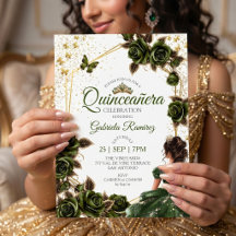 Rosas Mariposas Tiara Dorada Verde Quinceañera