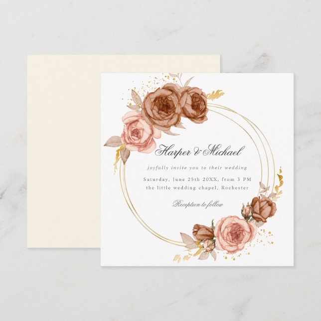 Invitación rosas marrones dorados invitan a la boda (Anverso / Reverso)