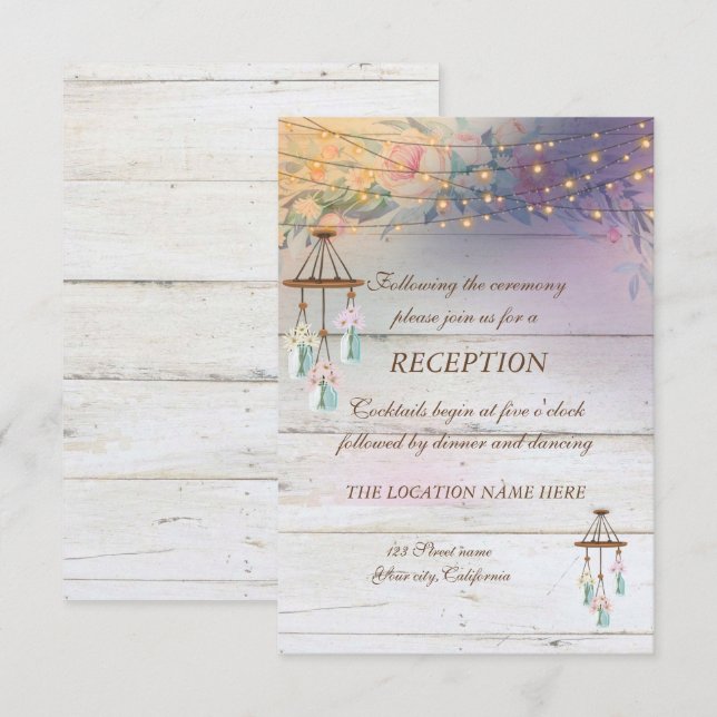 Invitación Rosas, Mason Jar, Luces, Recepción de Bodas de Mad (Anverso / Reverso)