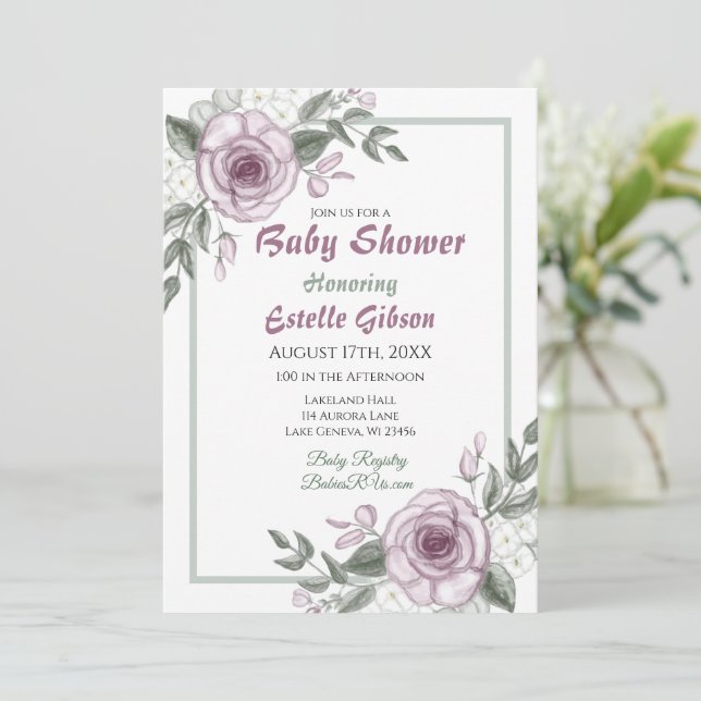 Invitación Rosas Mauve Chica Floral Baby Shower (Anverso de pie)