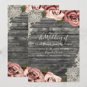 Invitación Rosas Melocotón Coral Gris Madera Rústica Encaje B