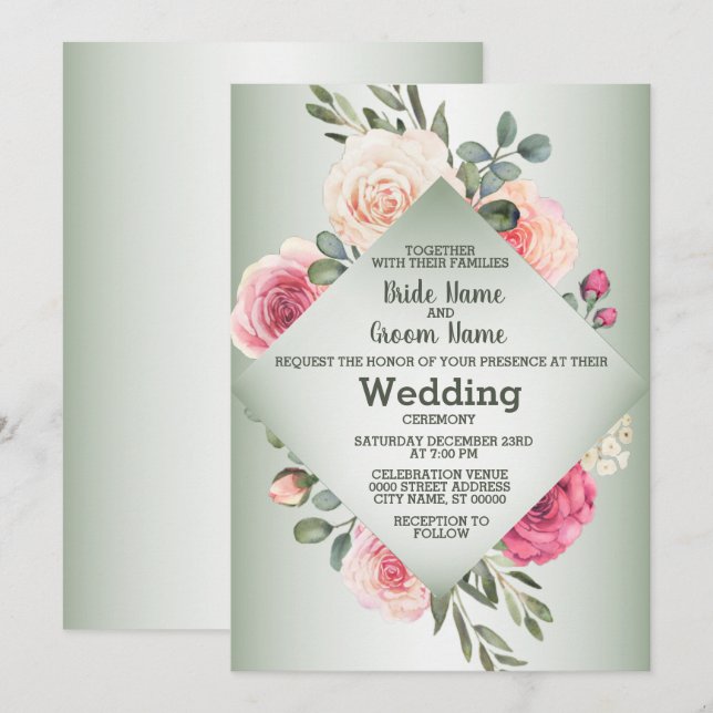 Invitación Rosas Melocotón Rosa Bodas Geométricas Rústicas Ve (Anverso / Reverso)
