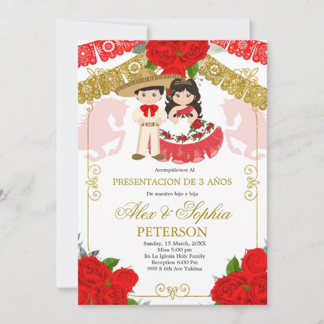 Invitación Rosas mexicanos rojos y de oro gemidos Los Tres An (Anverso)