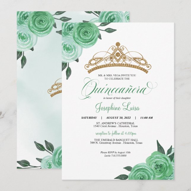 Invitación Rosas Mint Green Golden Tiara Quinceañera Cumpleañ (Anverso / Reverso)