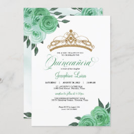 Invitación Rosas Mint Green Golden Tiara Quinceañera Cumpleañ