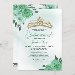 Invitación Rosas Mint Green Golden Tiara Quinceañera Cumpleañ