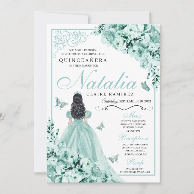 Invitación Rosas Mint Green Vestido de la Princesa Quinceaner (Anverso)