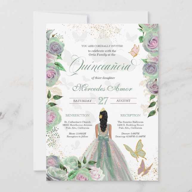 Invitación Rosas Mint Green y Lavender Mariposa Quinceanera (Anverso)