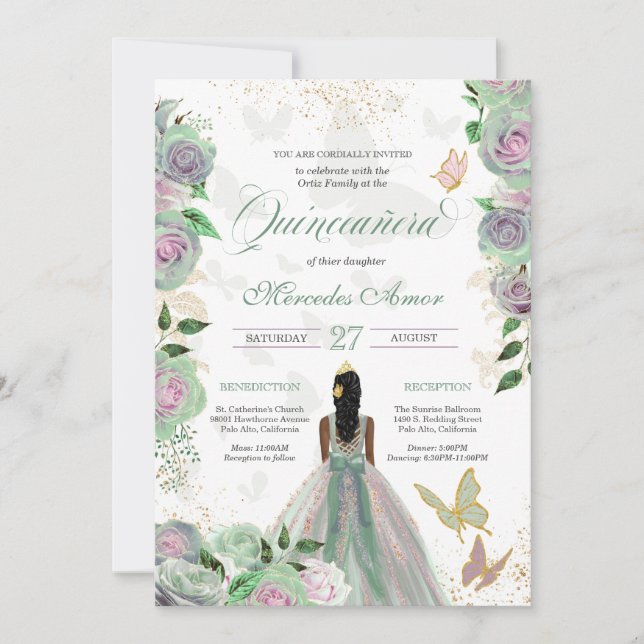 Invitación Rosas Mint Green y Lavender Mariposa Quinceanera (Anverso)
